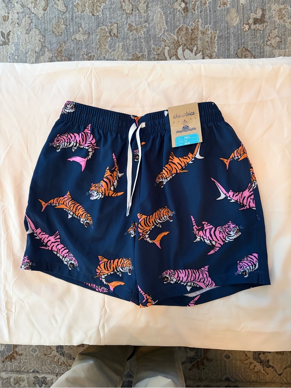 chubbies Navy Swim Trunks with Pink & Orange Tiger-Shark Print